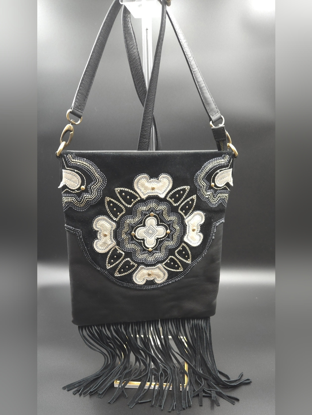 Black Leather Fringe Mandala Crossbody Bag / Purse‎ Boho-chic Western Vibe